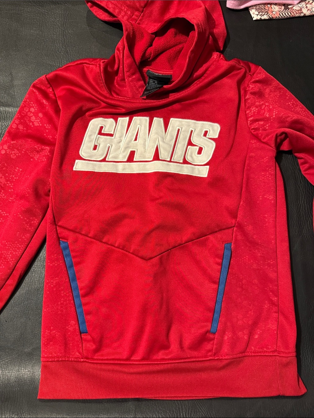 NFL Red Kids Hoodie with White 'GIANTS' Logo and Blue Pocket Trim
